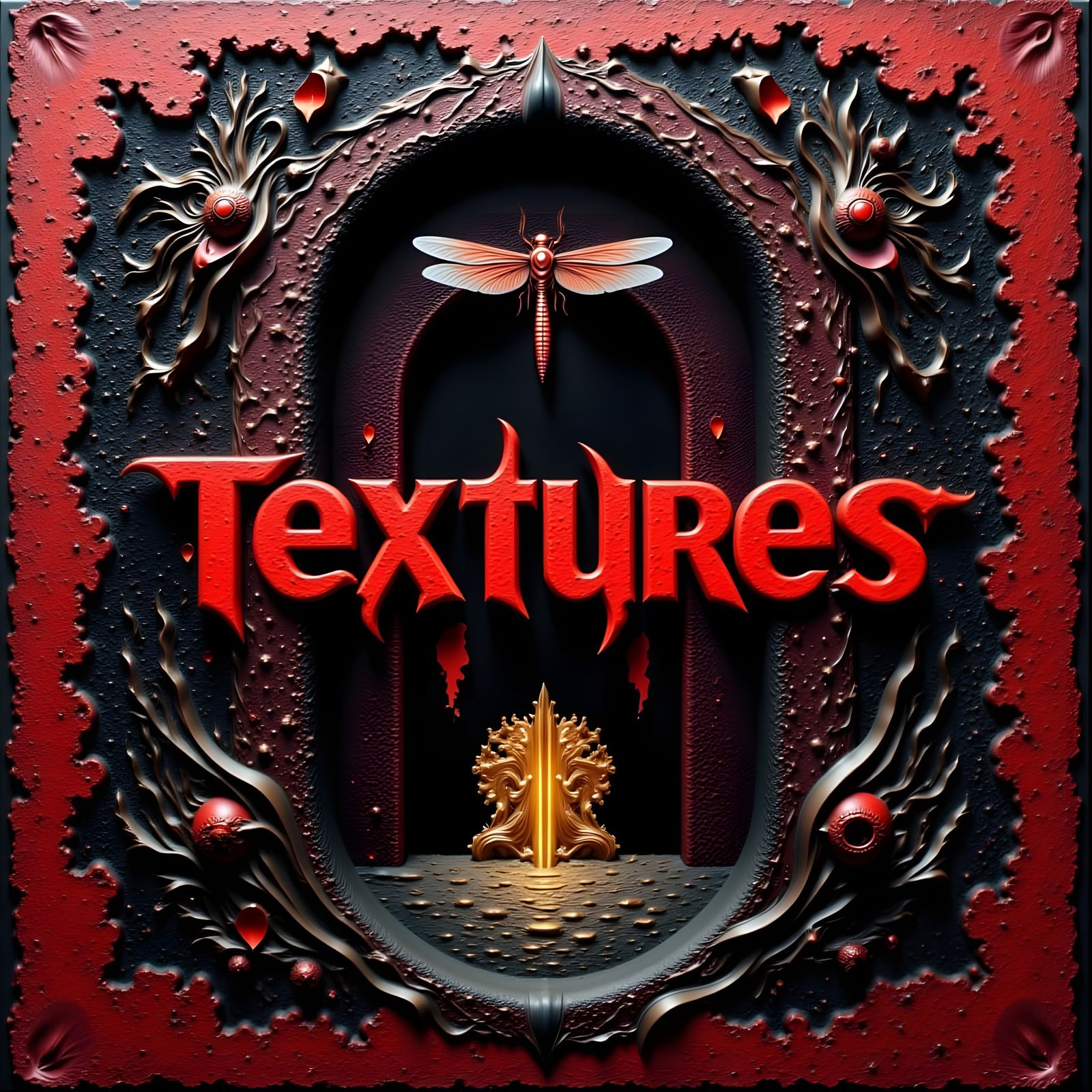 <lora:Black-Red Textures:1.0> the word "Textures" written in black and red, dragonfly with convex wings, mc escher texture surreal