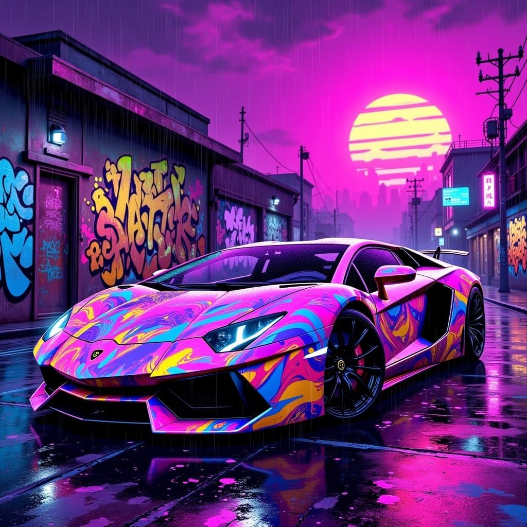 A beautiful vaporwave scene, with immense detail throughout it, the colors are beautiful, the scene is of a lamborghini in a city while it i...