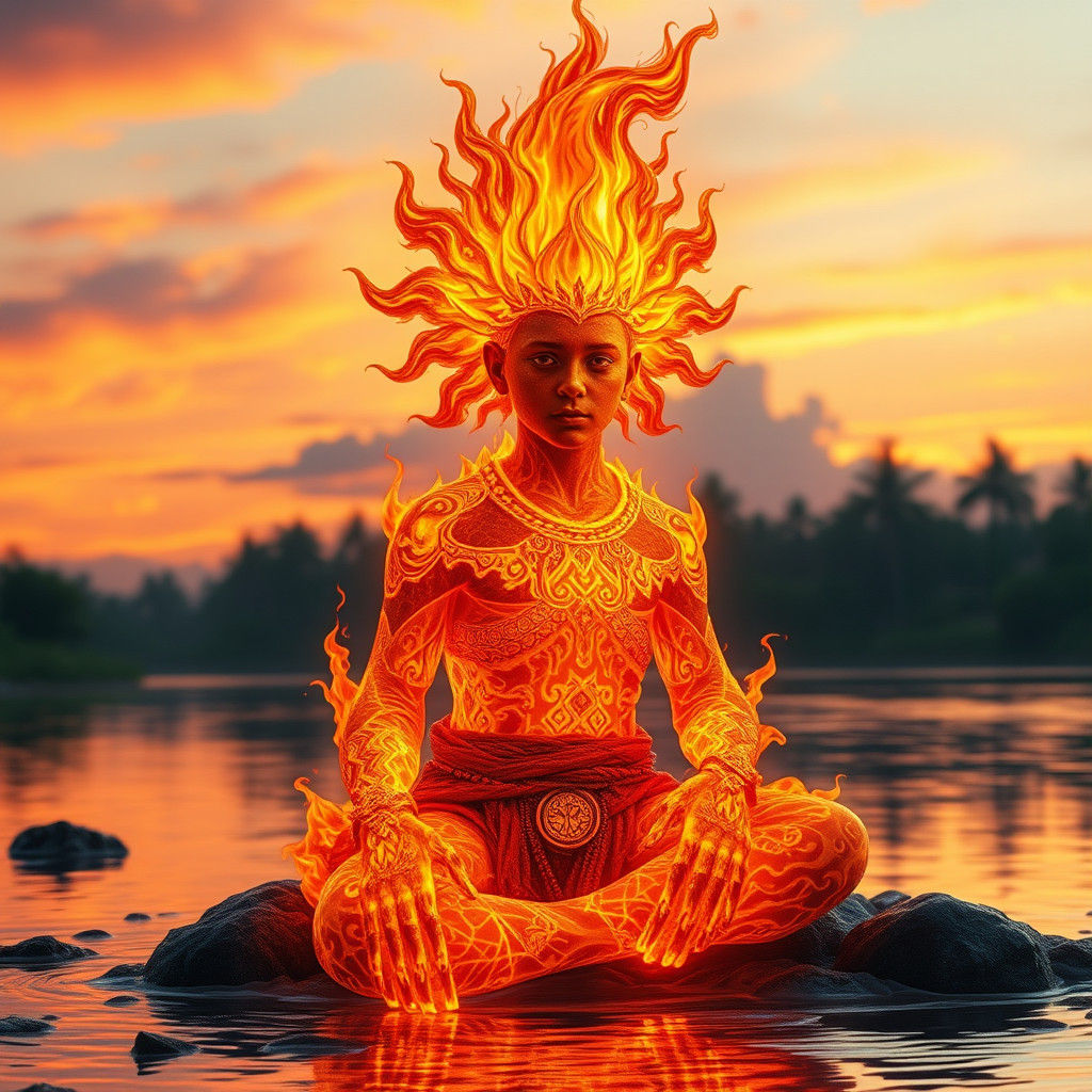 On the bank of the river sits a young sun god, made of tongues of flame, in a fiery outfit.