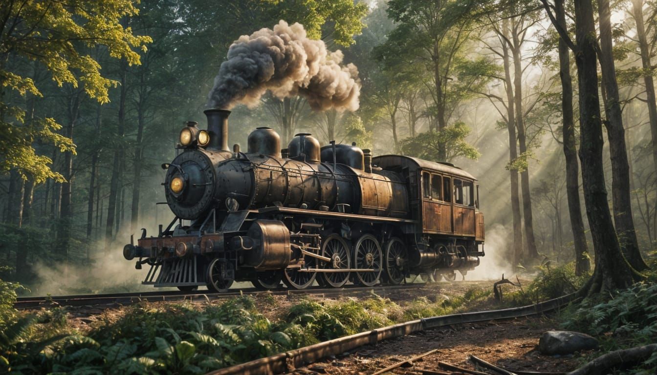 an old, rusting small steam locomotive highly detailed without waggons in a dense forest. Misty atmosphere. Few sun rays.