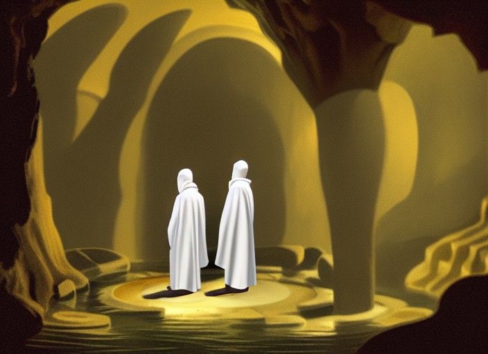Robed figures standing in a cave