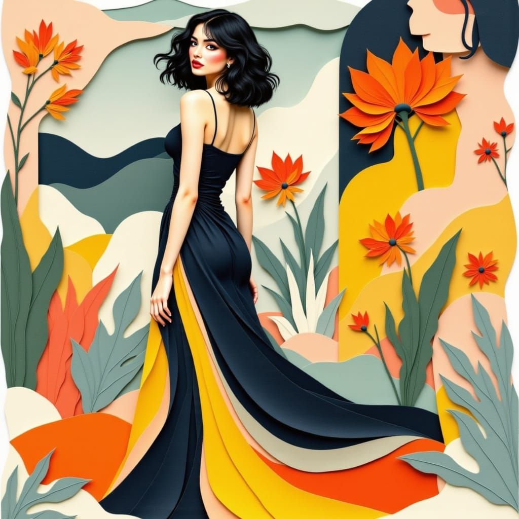 <lora:PaperCutBeauties:1.0>STYLE: Cut-paper collage art inspired by Matisse's decoupage works, featuring clean-edged shapes and deliberate l...