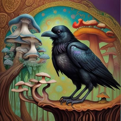 Surreal Raven with Mushrooms and Sacred Geometry