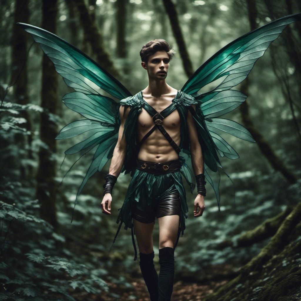 slim male fairy large translucent wings wearing tight leather shorts and a leather harness flying in an enchanted forest photograph lo. AI Generated Artwork NightCafe Creator