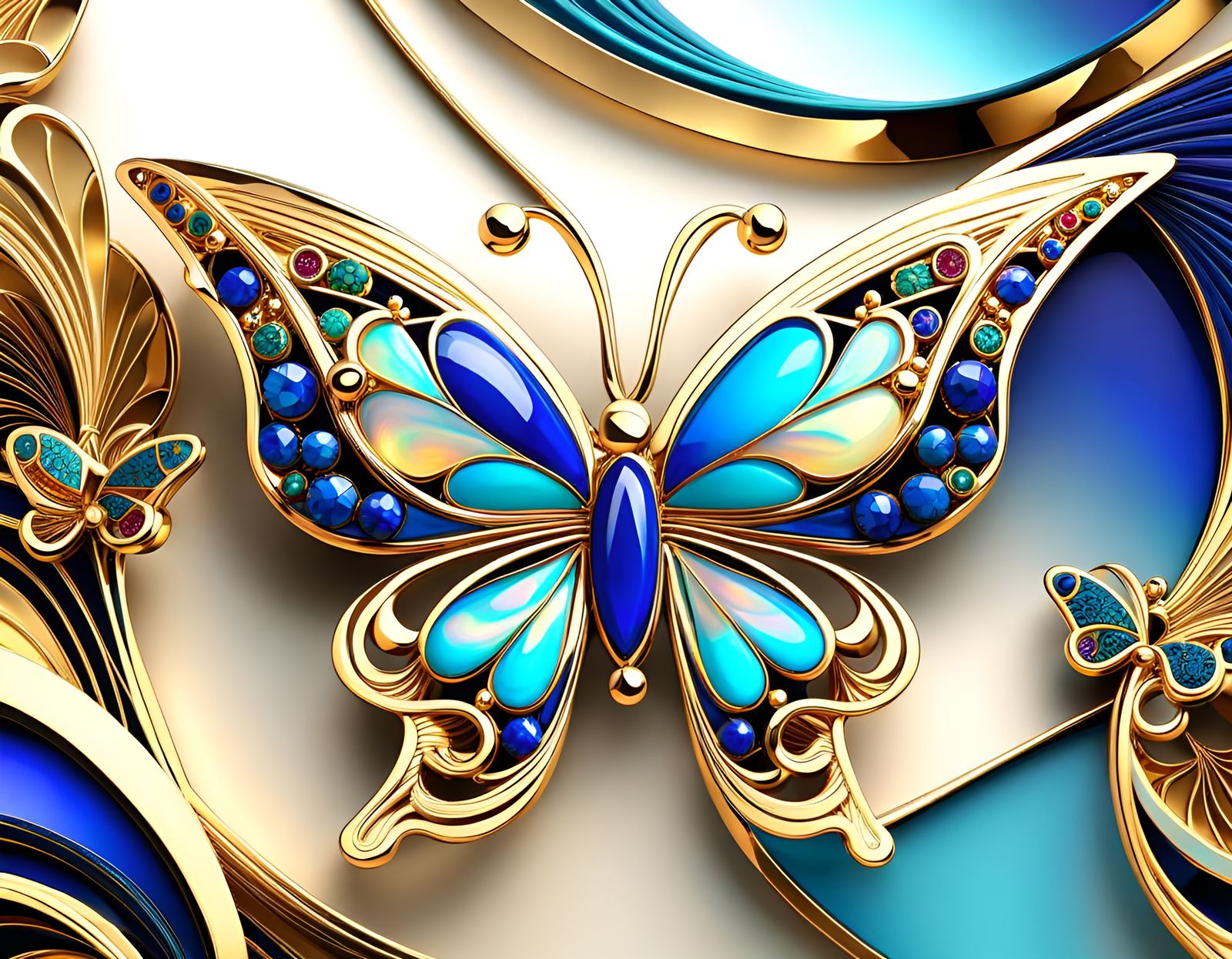 butterfly shaped brooch, gold, lapis lazuli, turquoise, opal, ruby, detailed,   by @tsahel