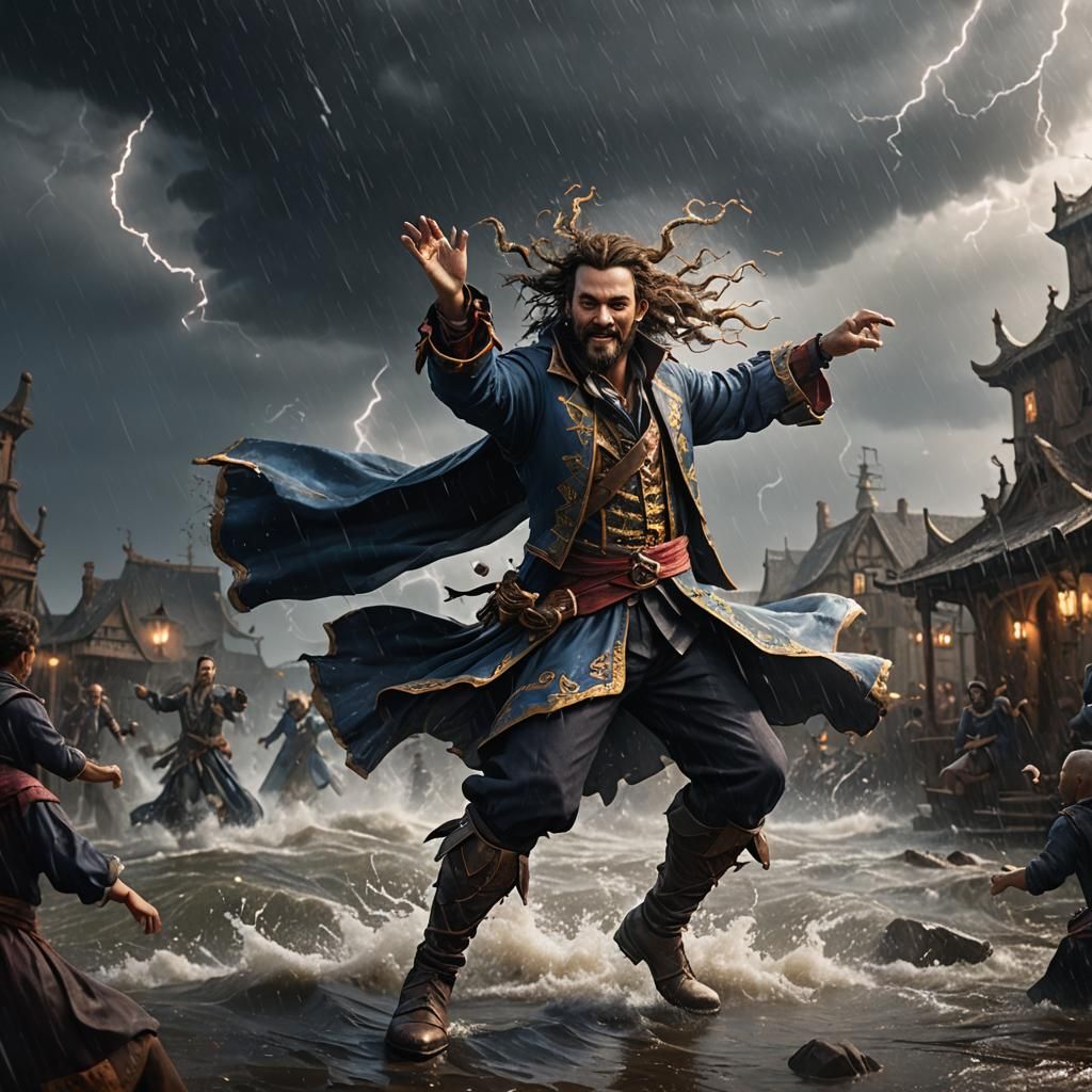A bard dancing in the middle of a storm