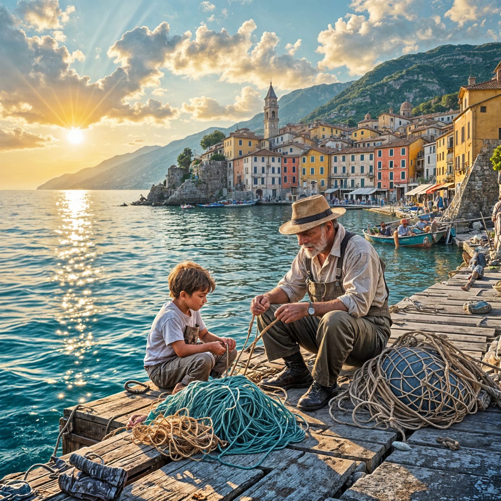 A fisherman and his young son sitting on a jetty mending fishing nets.  by @Papillon
