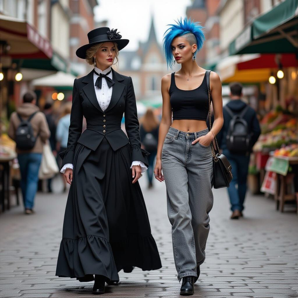 Victorian Teacher & Blue-Haired Woman in Bustling Market