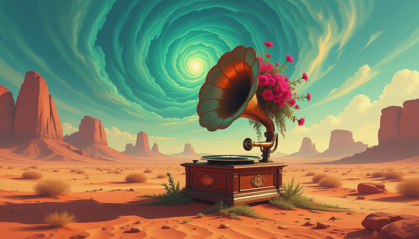 An antique gramophone, overgrown with vibrant, alien flora, sits in the center of a desolate, alien desert landscape. The sky is a swirling ...