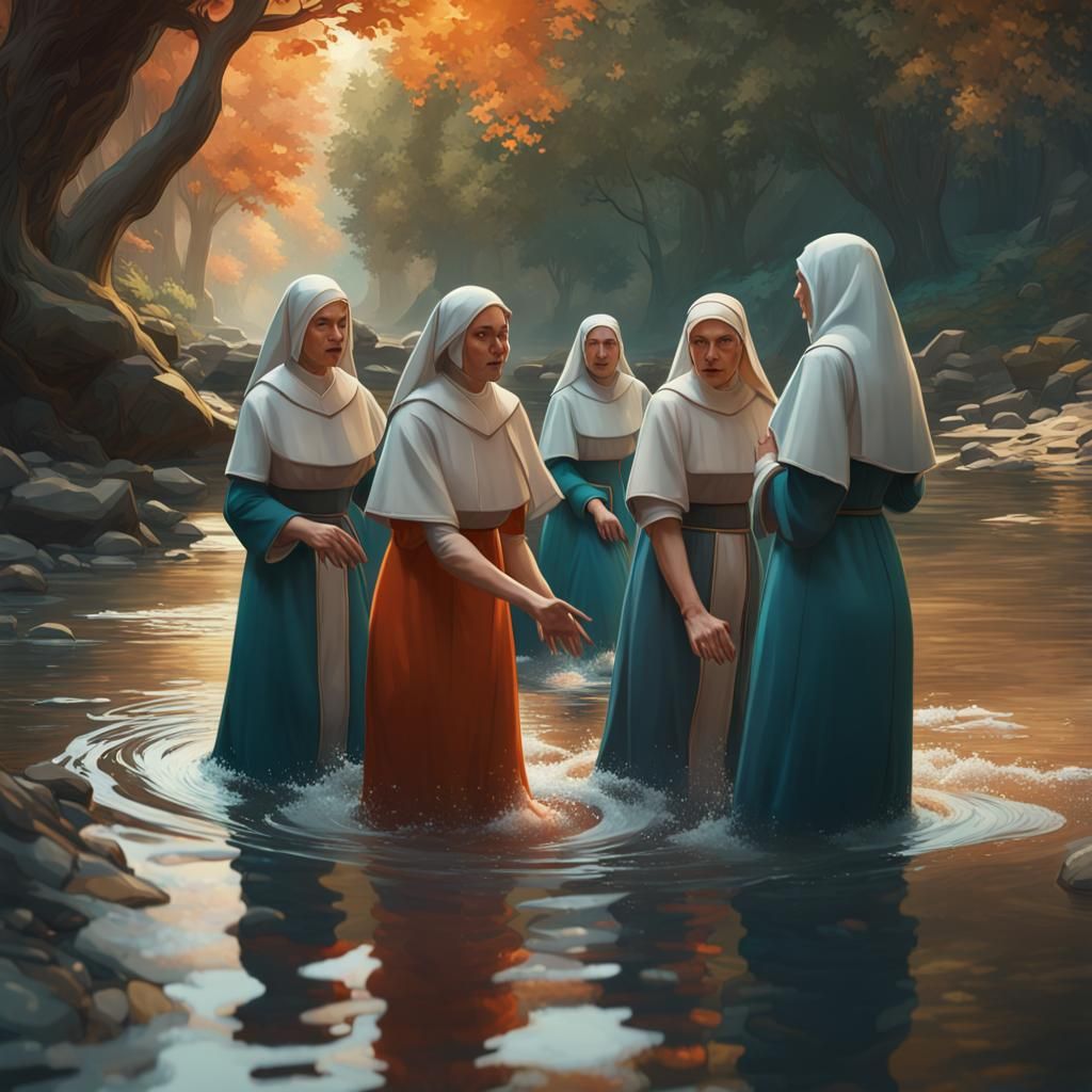 a group of nuns playing in a river