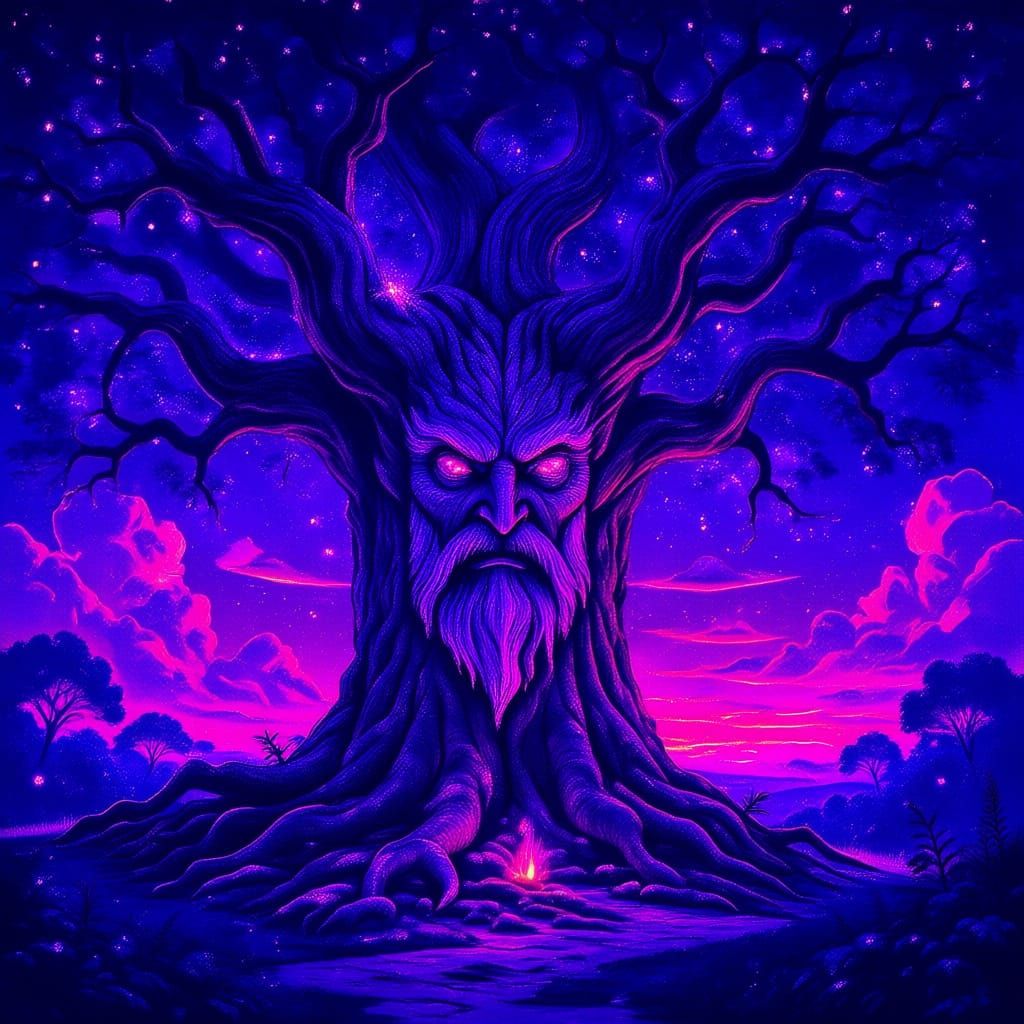 A majestic, ancient oak tree with a wise, stoic face carved into its bark, its branches reaching towards a twilight sky painted with hues of...