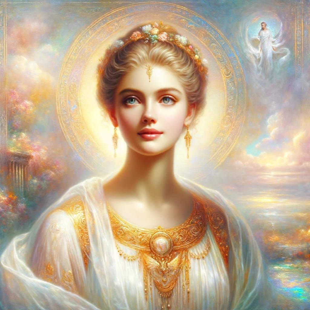 An oil painting of a divine immortal goddess, inspired by the romantic style of Pierre Auguste Cot. Her name is Seraphin...