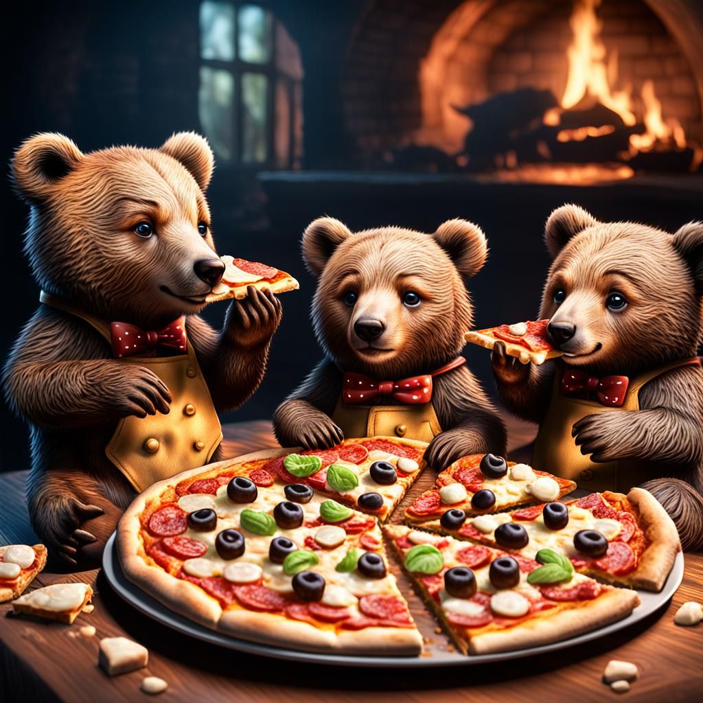 Chibi bear cubs having a pizza party