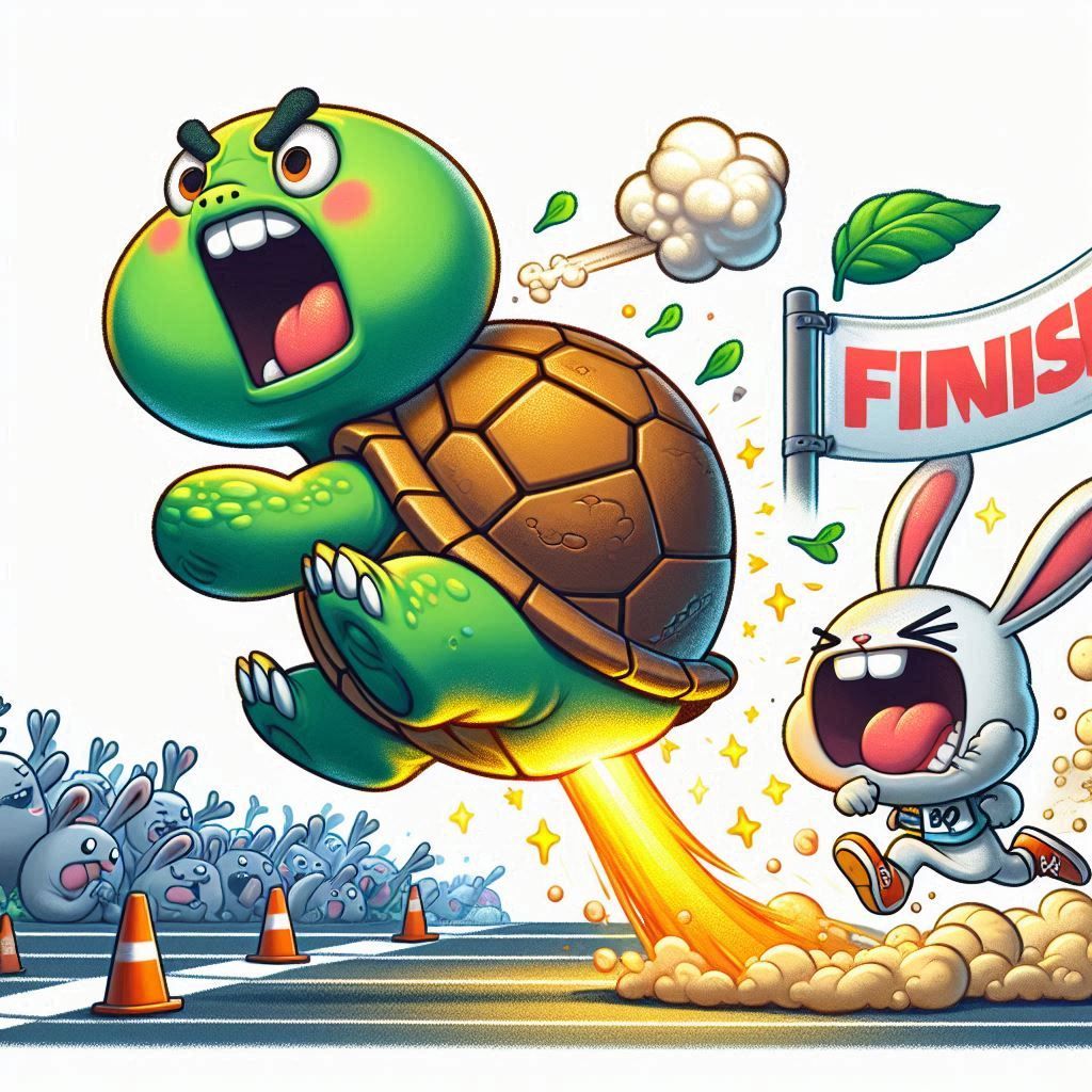 A farting turtle accelerating with high speed and win the ra...