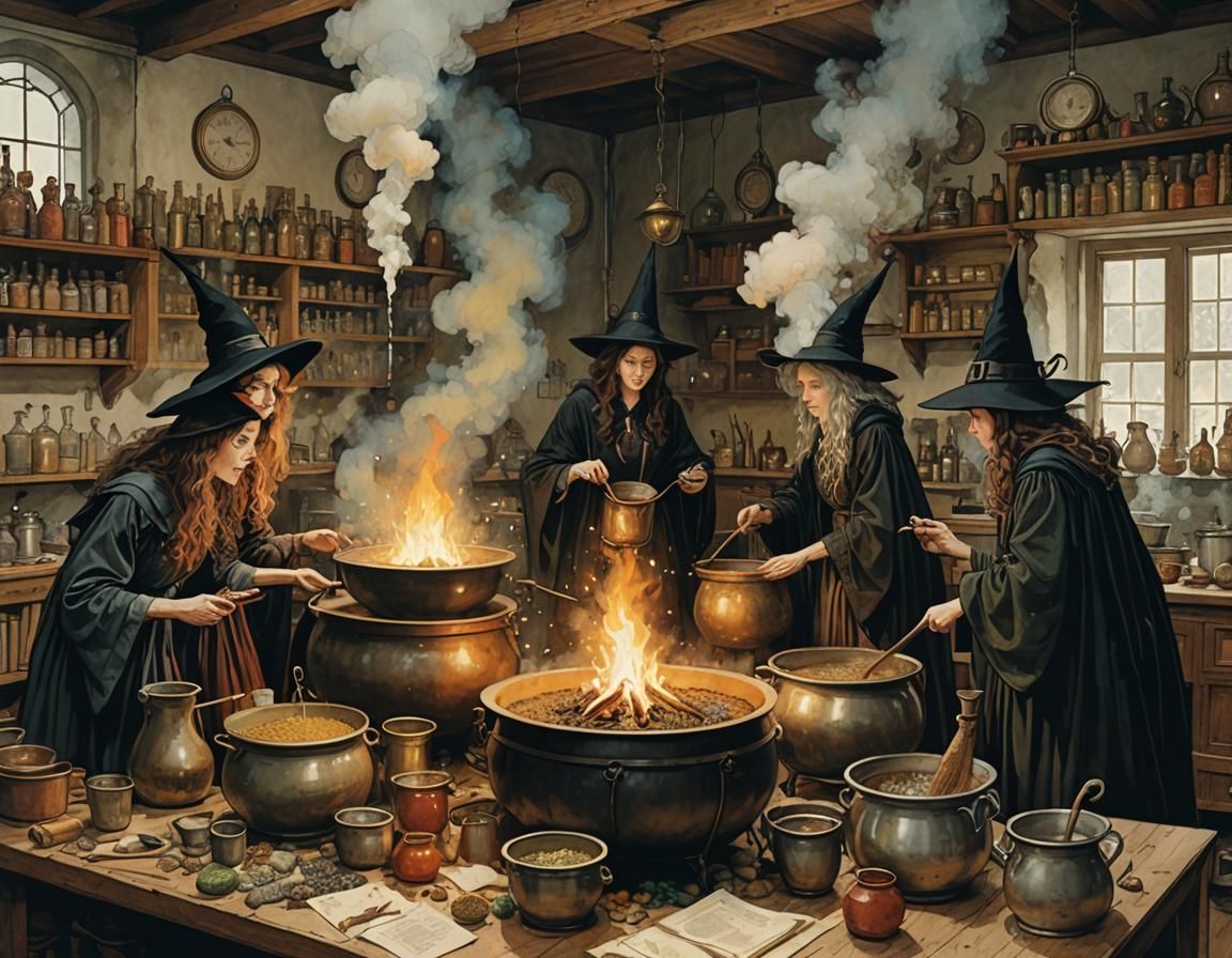 An illustration of a group of witches brewing potions in a classroom setting, surrounded by bubbling ...  by @haightash wong