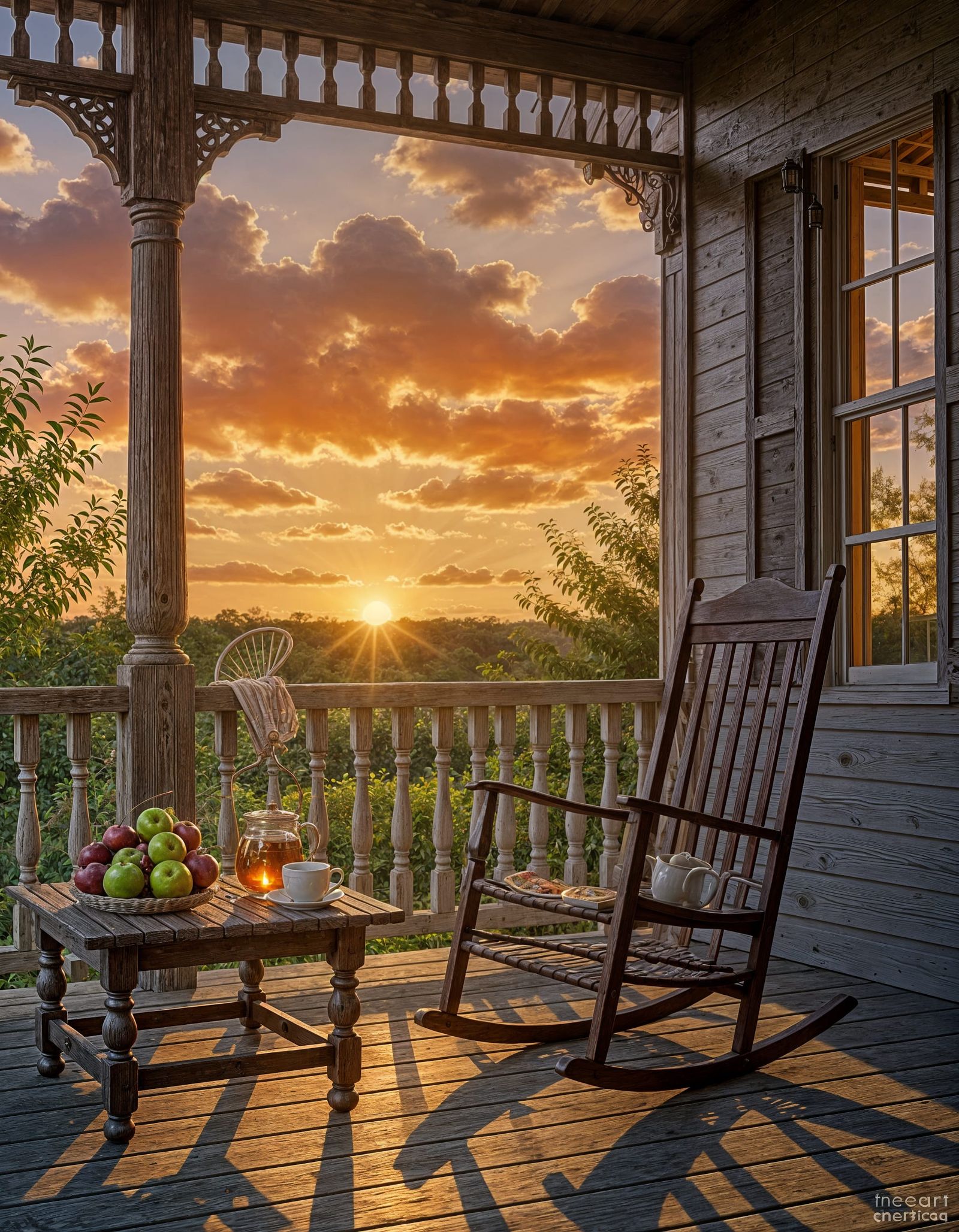 A rocking chair at sunset on the porch of a historic and traditional house next to a wooden table with ...  by @Kh-nagsh