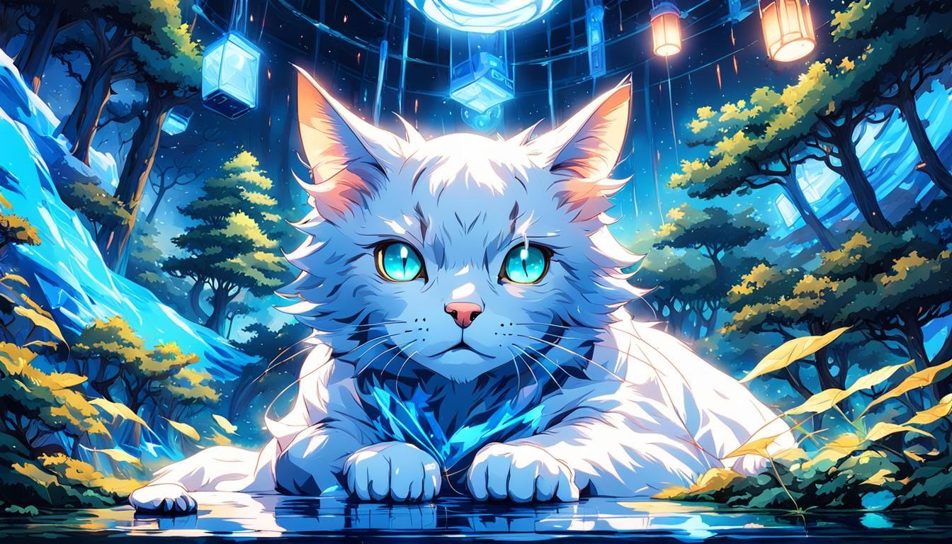 Beautiful anime cat dissolving into vibrant blue fabric, sur...