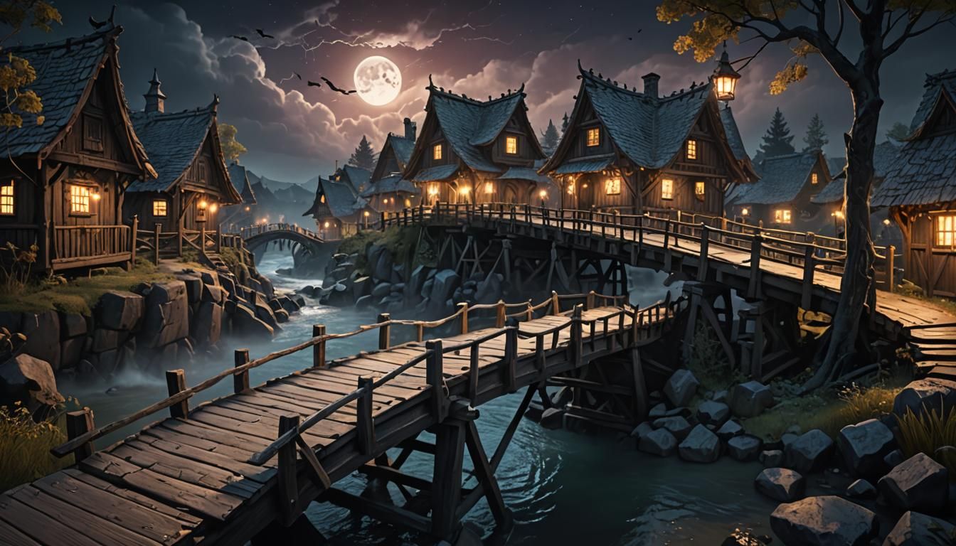 A GHOST CRAWLS OVER A WOODEN VILLAGE BRIDGE AT THE FOUR ENDS...