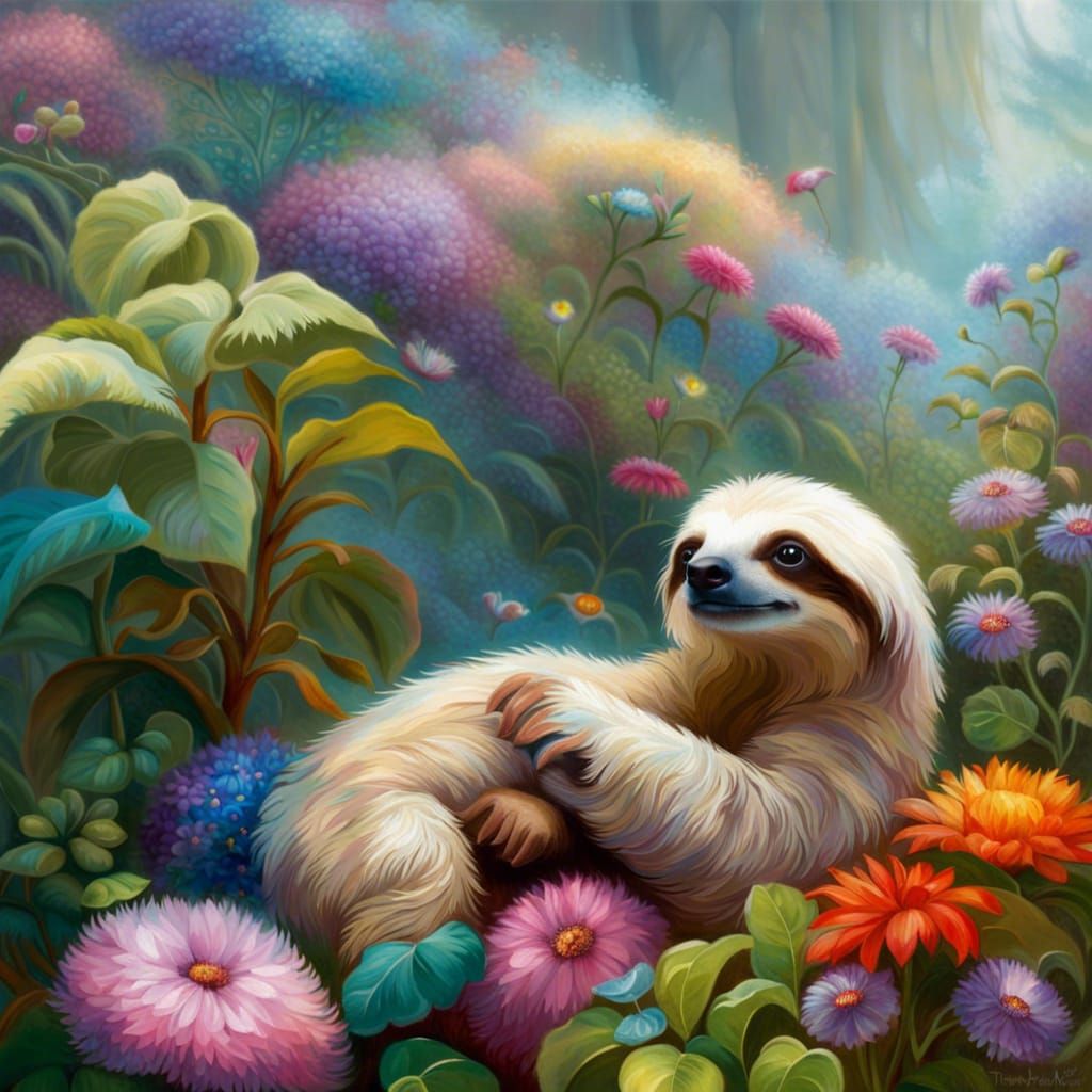 Lots of different coloured flowers covering a fluffy baby sl...