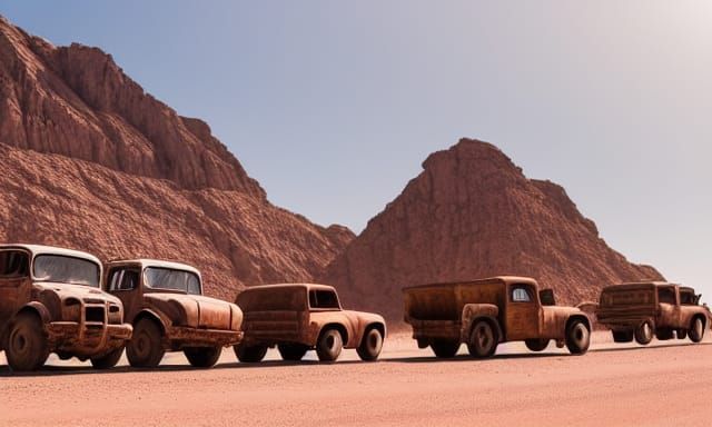 a convoy of rusty vehicles drives across a desert