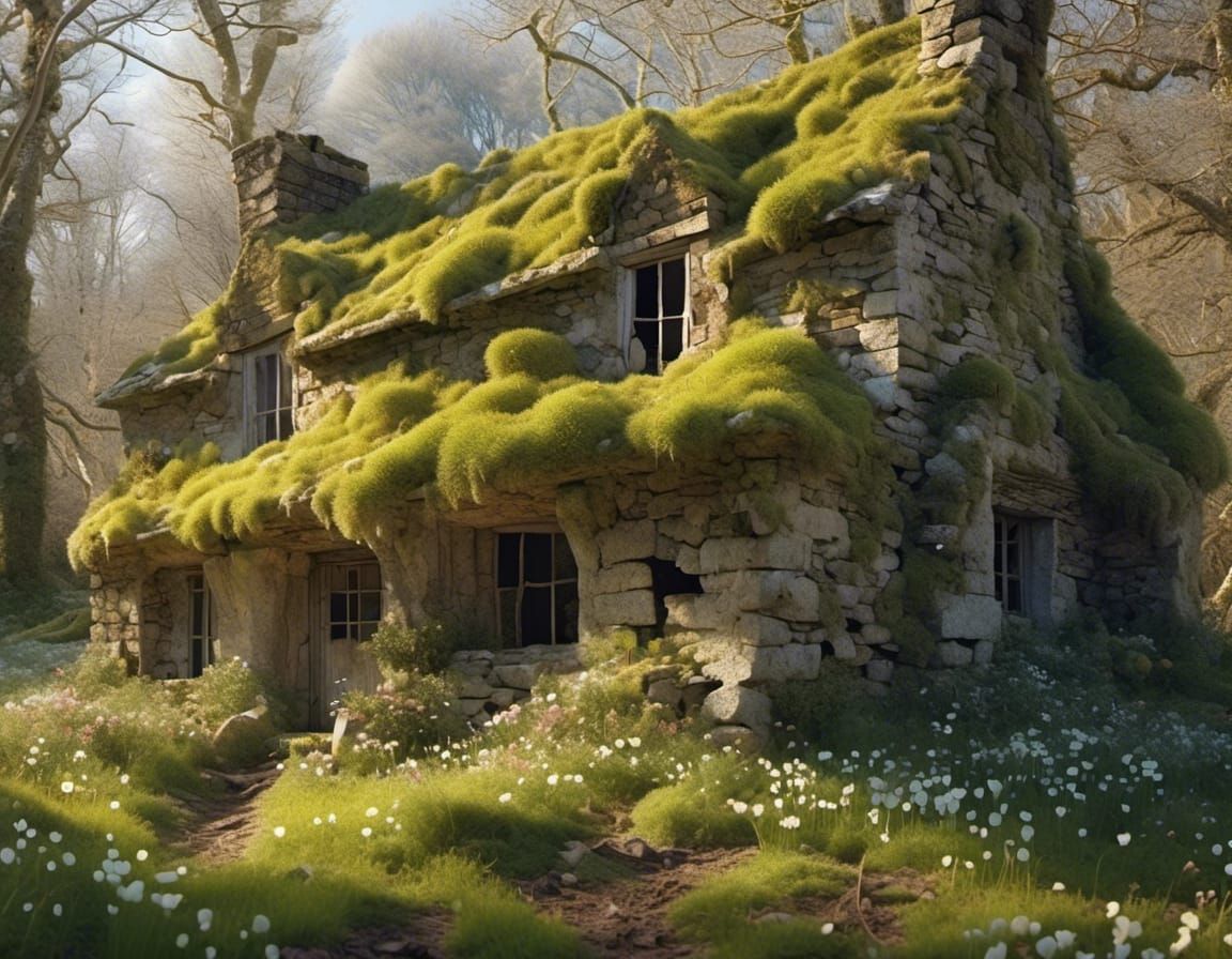 <lora:NC Hyperreal:1.0> abandoned ruin of medieval cottage, ...