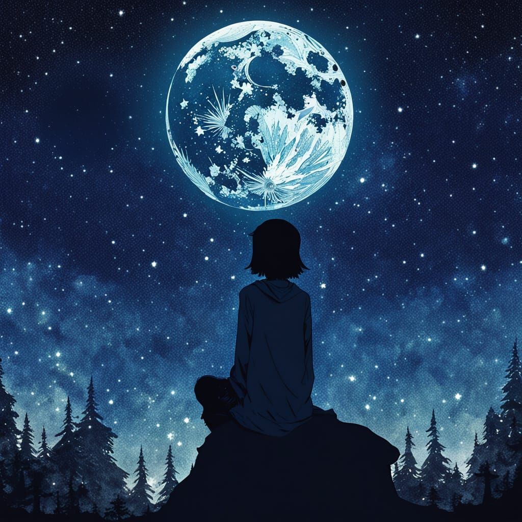 Dreamer Beneath the Starlit Moon (5 Likes)  by @Little Rainbow