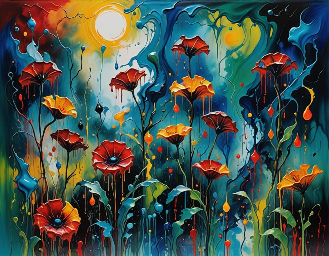 abstract, vibrant garden where flowers, trees, and foliage appear to be made of dripping, melting paint. ...  by @Ishya