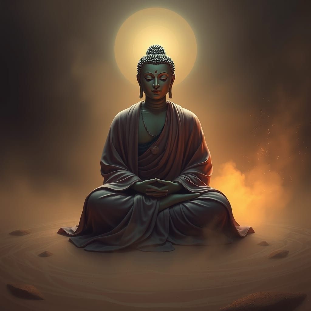 Serene Buddha Figure in Mystical Landscape
