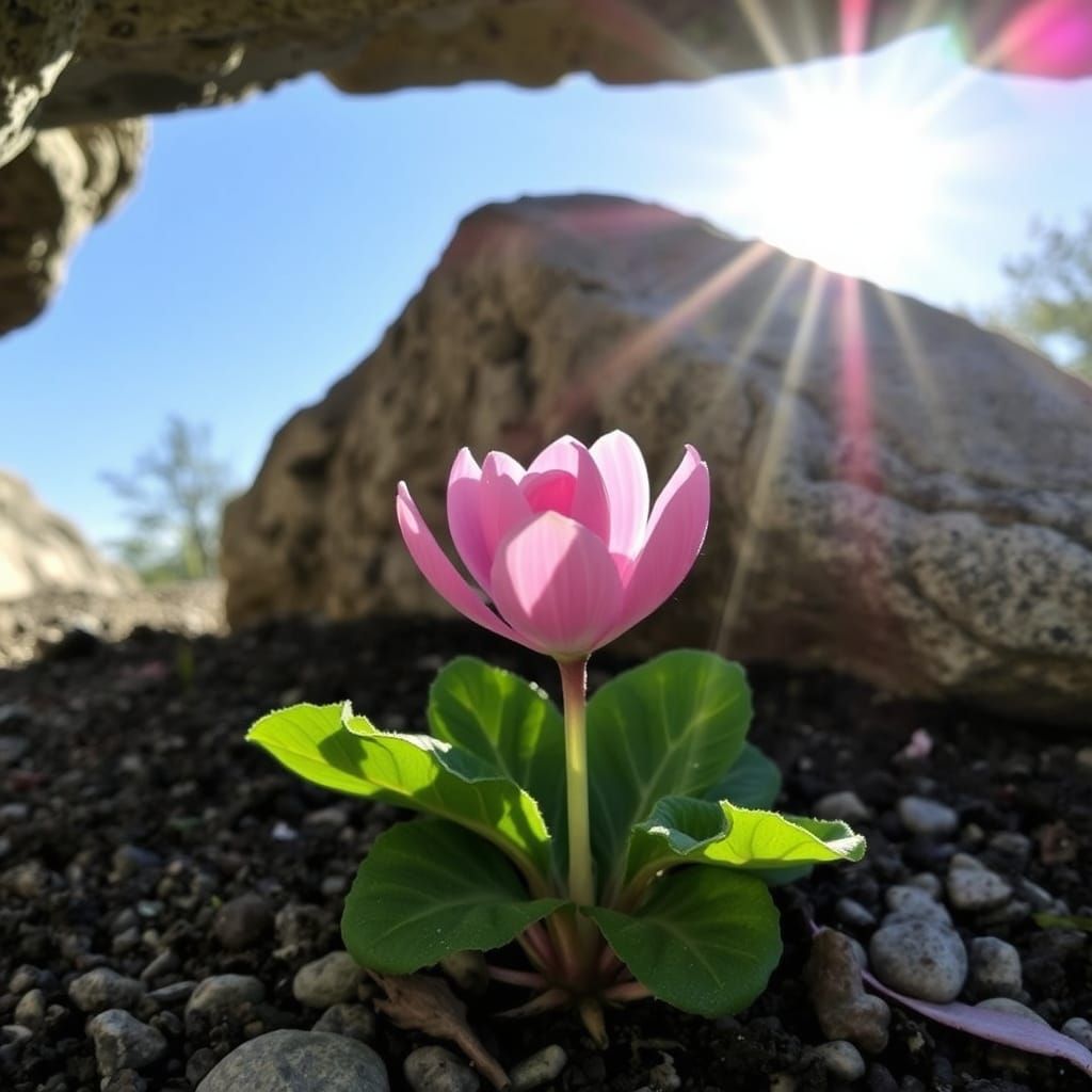 Cyclamen Blooms Under Rock with Sunlit Pink Crown