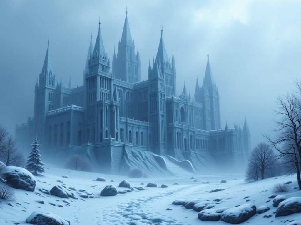 <lora:Flux Winter:1.0> Majestic castle made out snow and ice. Russian influence, imposing, majestic, cold, place of power and influence. eth...