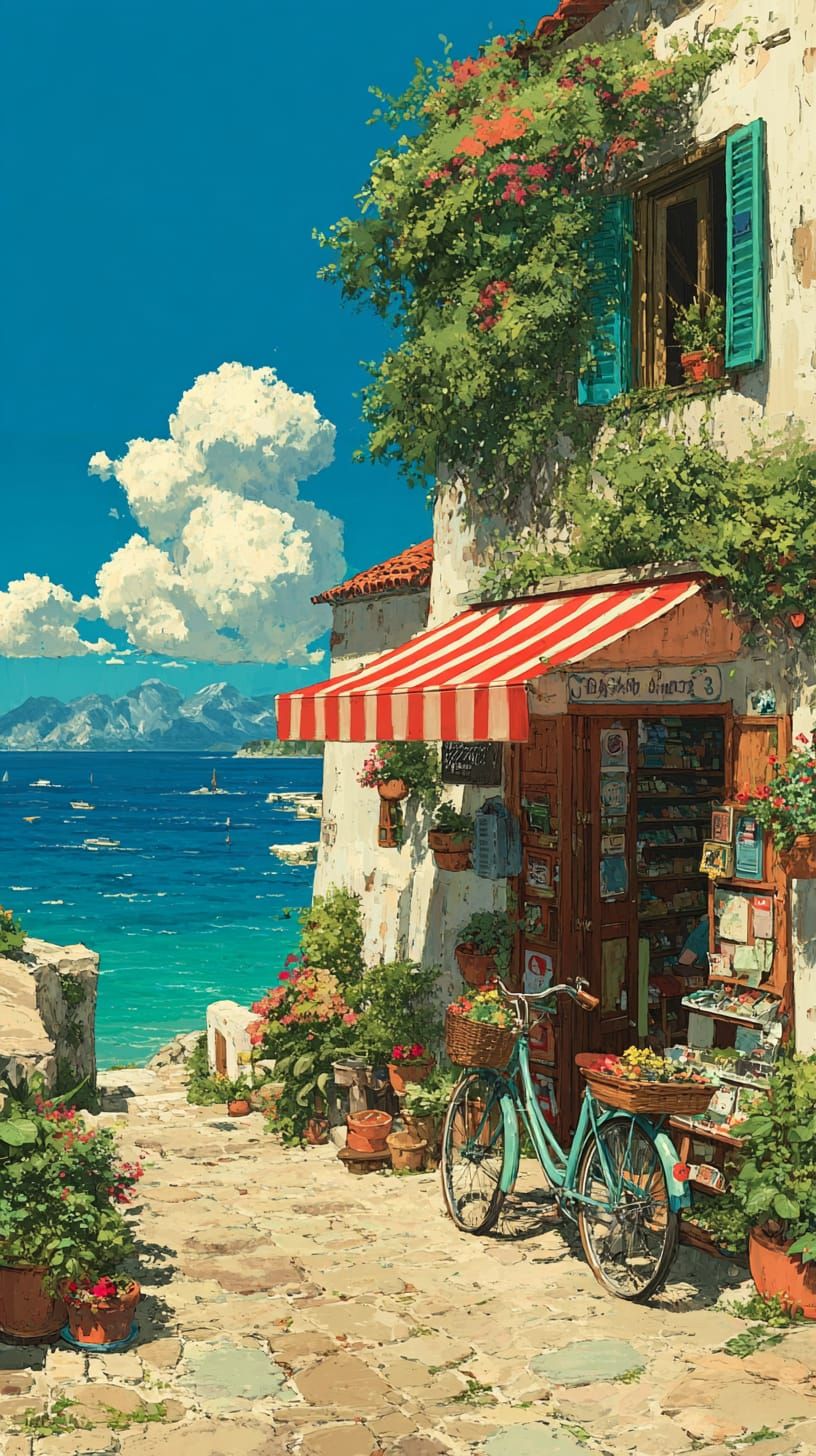 Sun-Drenched Shop on Cobbled Street