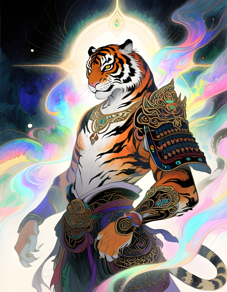 Tiger warrior. Dramatic and mystical aura. Ethereal, spiritual, supernatural, devine, mystical, celestial, unearthly, magical, heavenly. Int...