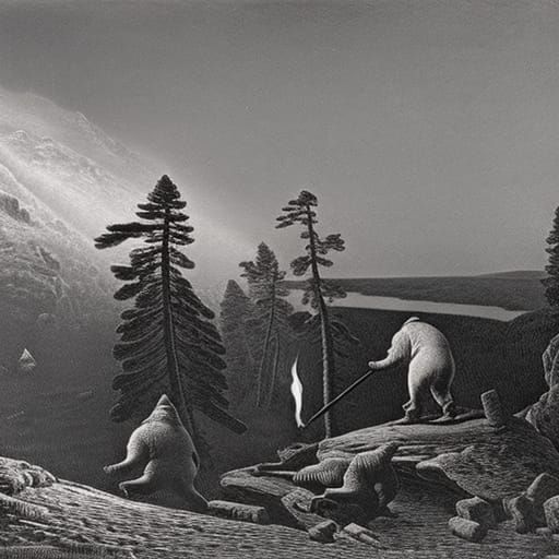 Horrific Trolls in Living Room: Black and White Art
