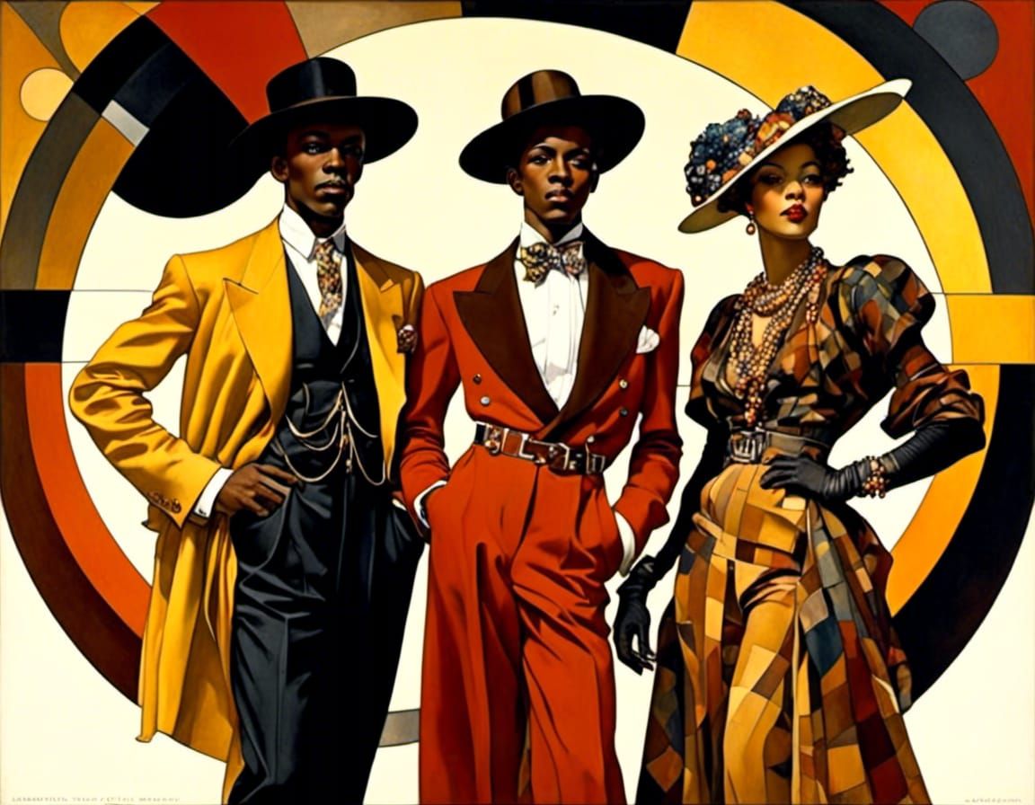 Maxfield Parrish J. C. Leyendecker African American fashion models Zoot suit style sketch intricate details jazzy riff bebop boogaloo zoot s...