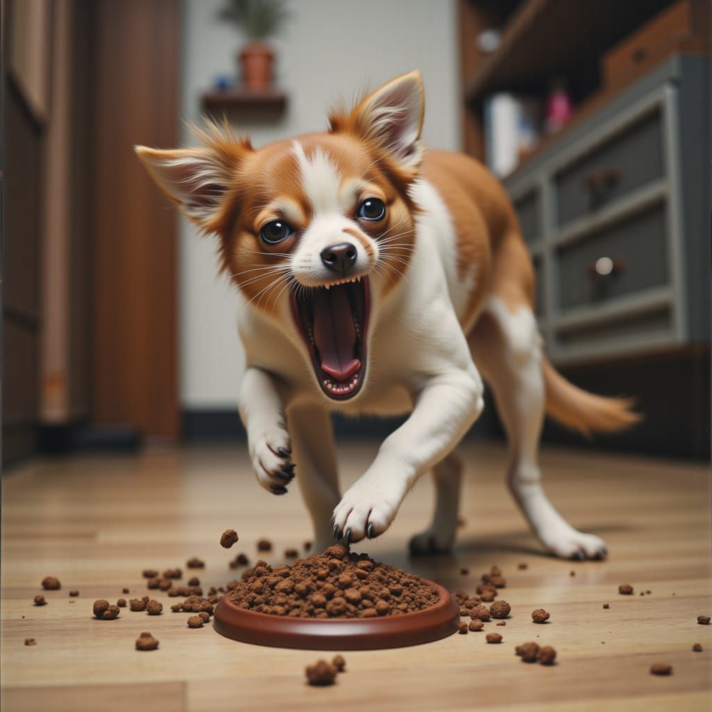 <lora:Everybody Scream:1.0>  A yelling dog at an empty food bowl
