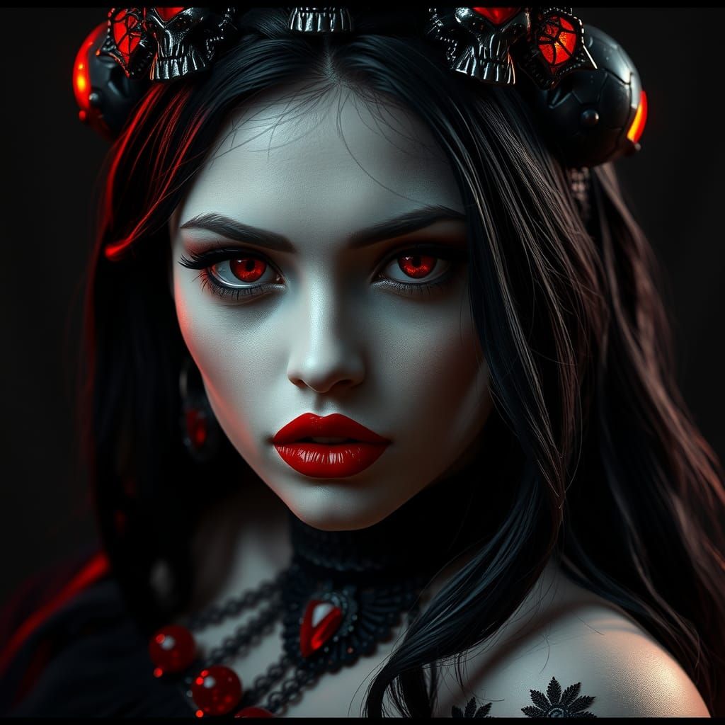 1 woman, a witch, very very beautiful, pale skin, crimson re...