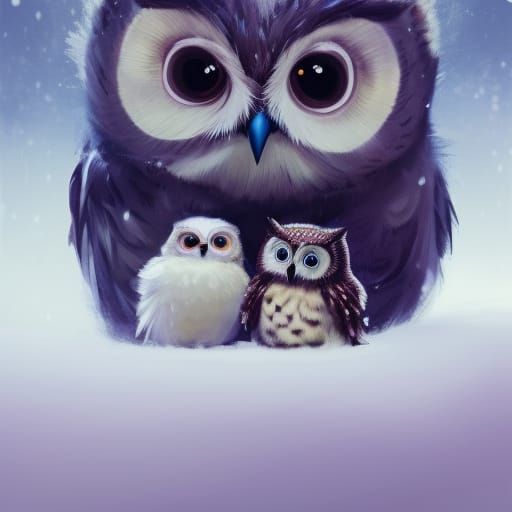 Cute Baby Owl Family Portrait in Snow