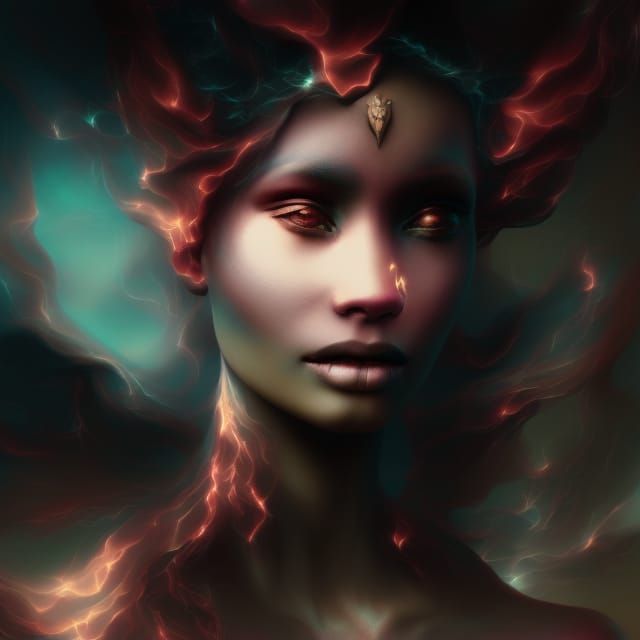 Beautiful brown skinned sorceress of fire, surrounded by fla...