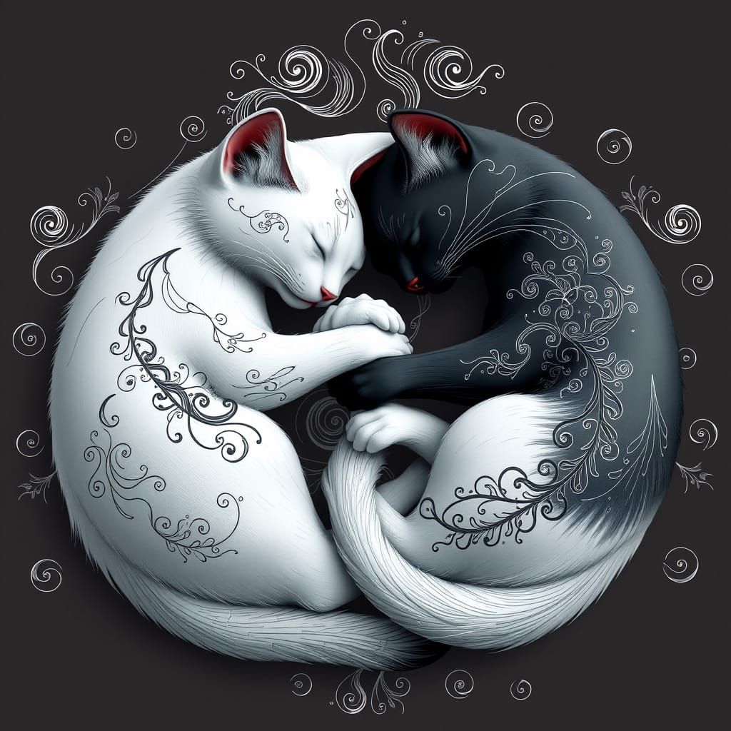 Yin-Yang Cats in Abstract Anime Style