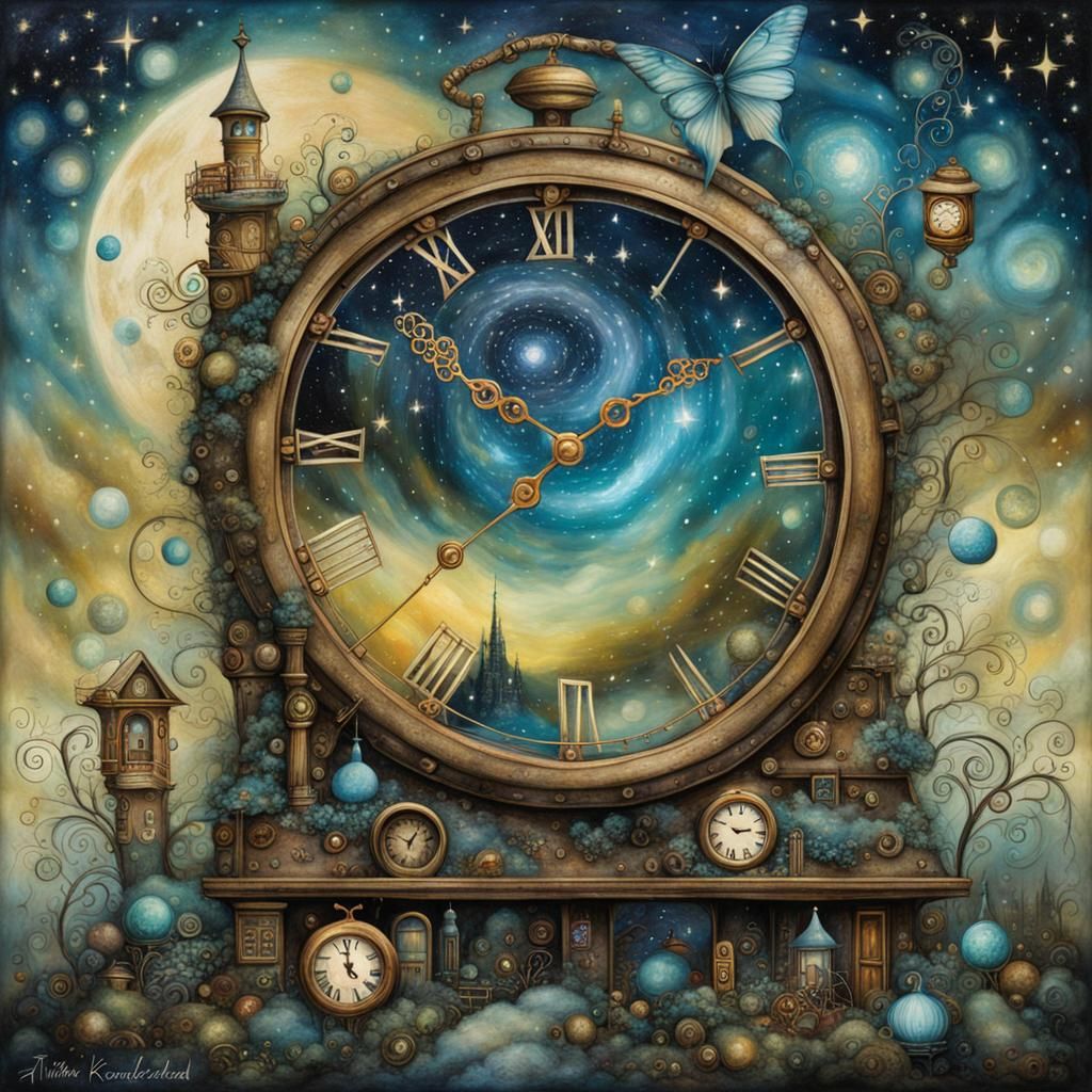 time traveler, nebula,distorted clocks, flowing hourglasses:...