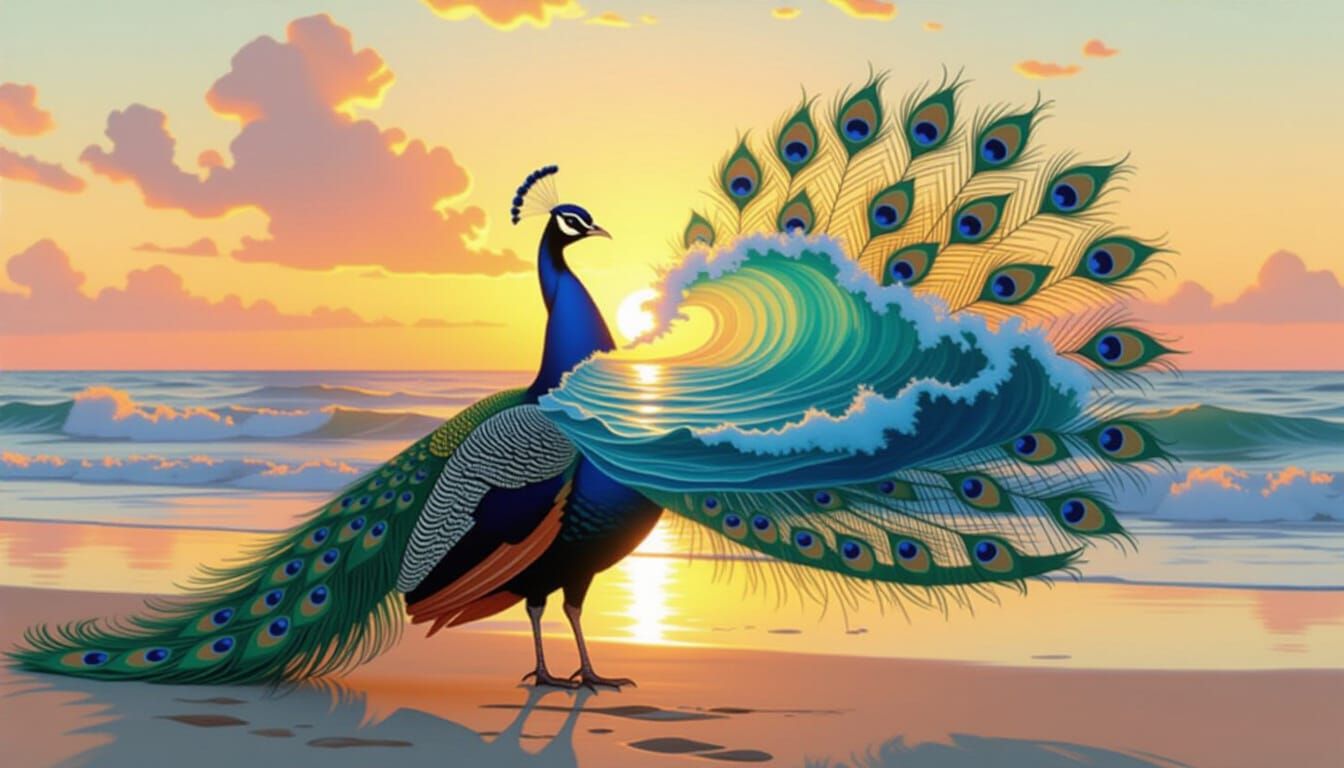 Sacred Peacock Silhouette at Sunset with Ocean Waves