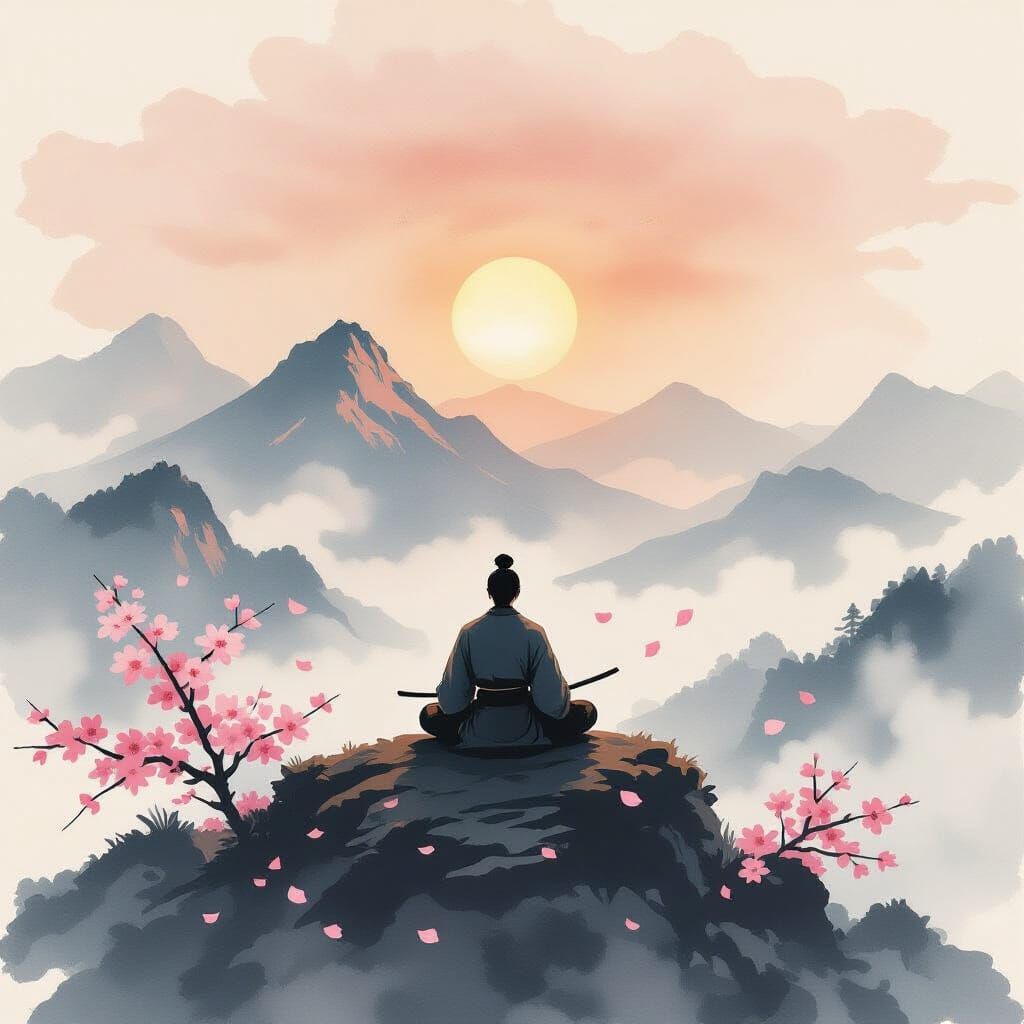 A lone samurai warrior meditating atop a misty mountain peak at dawn, bathed in the soft, ethereal glow ...  by @Night Core