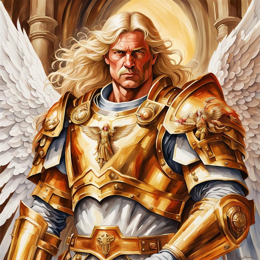 Watercolor painting of Sanguinius. White angel wings, long blonde hair ...