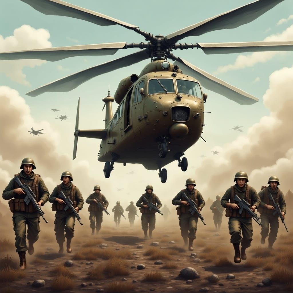  <lora:Dieselpunk Flux:1.0> A helicopter troop transport is landing in a fielding, shouting soldiers are getting out and running to a battle
