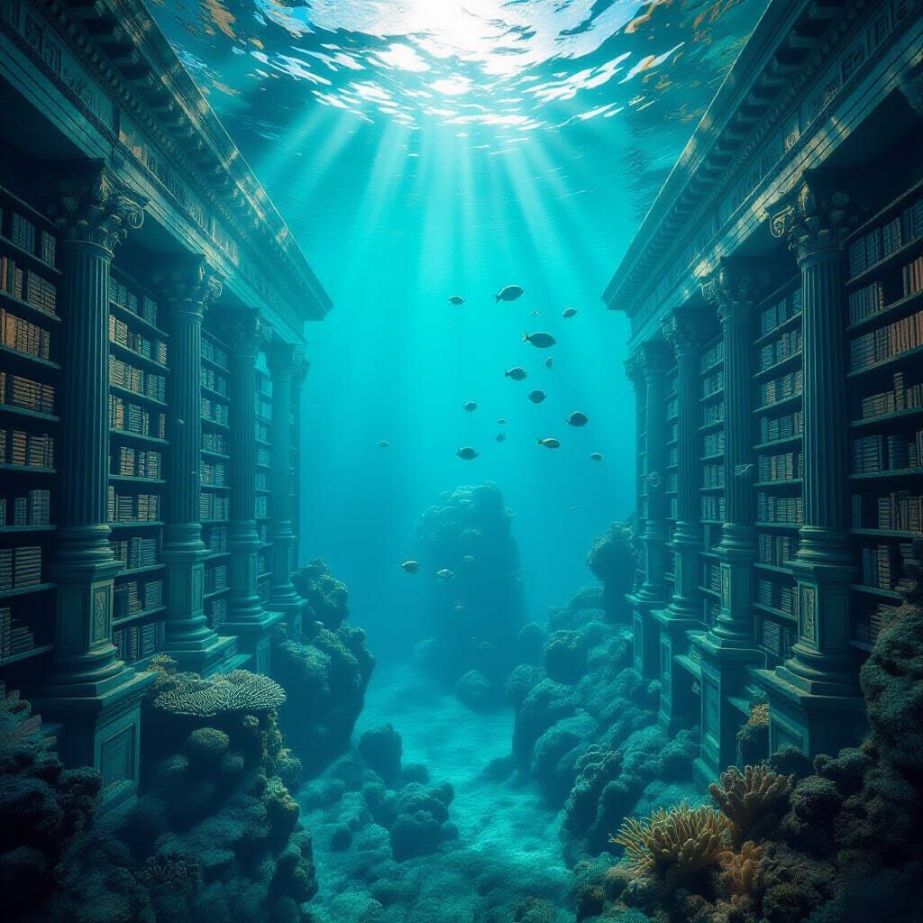 A colossal, ancient library, half-submerged in a crystal-clear turquoise ocean, its stone shelves now home to vibrant coral reefs and school...