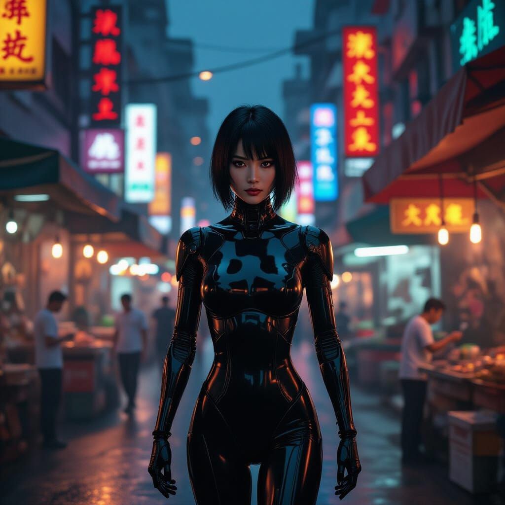 Thai Cyborg in Futuristic City at Night
