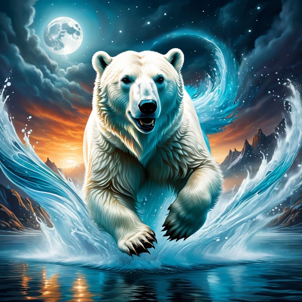 Polar Bear running through water