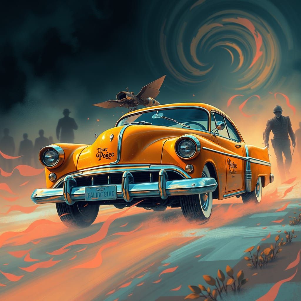 Create an abstract artwork featuring a stylized vintage car with exaggerated features. The scene should have a vibrant color palette of oran...