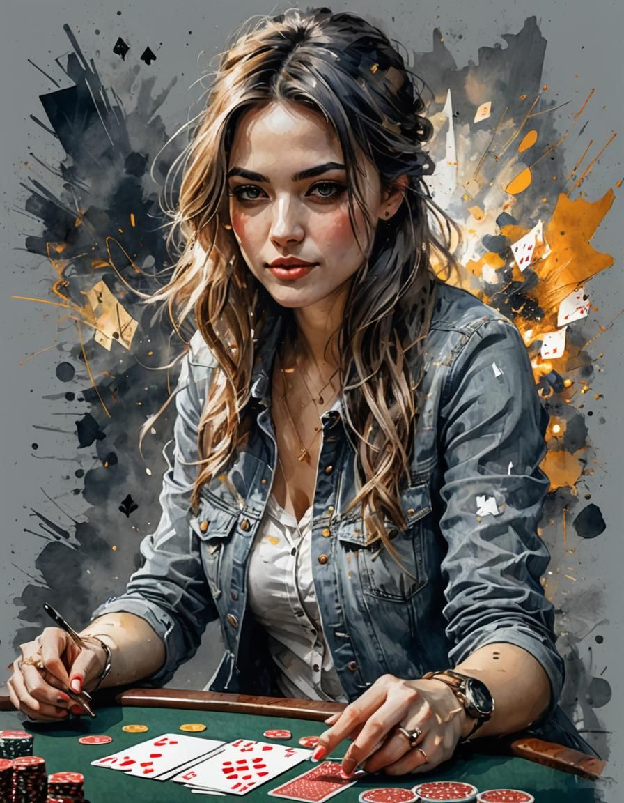 Vivid Watercolour Portrait of Woman Playing Poker