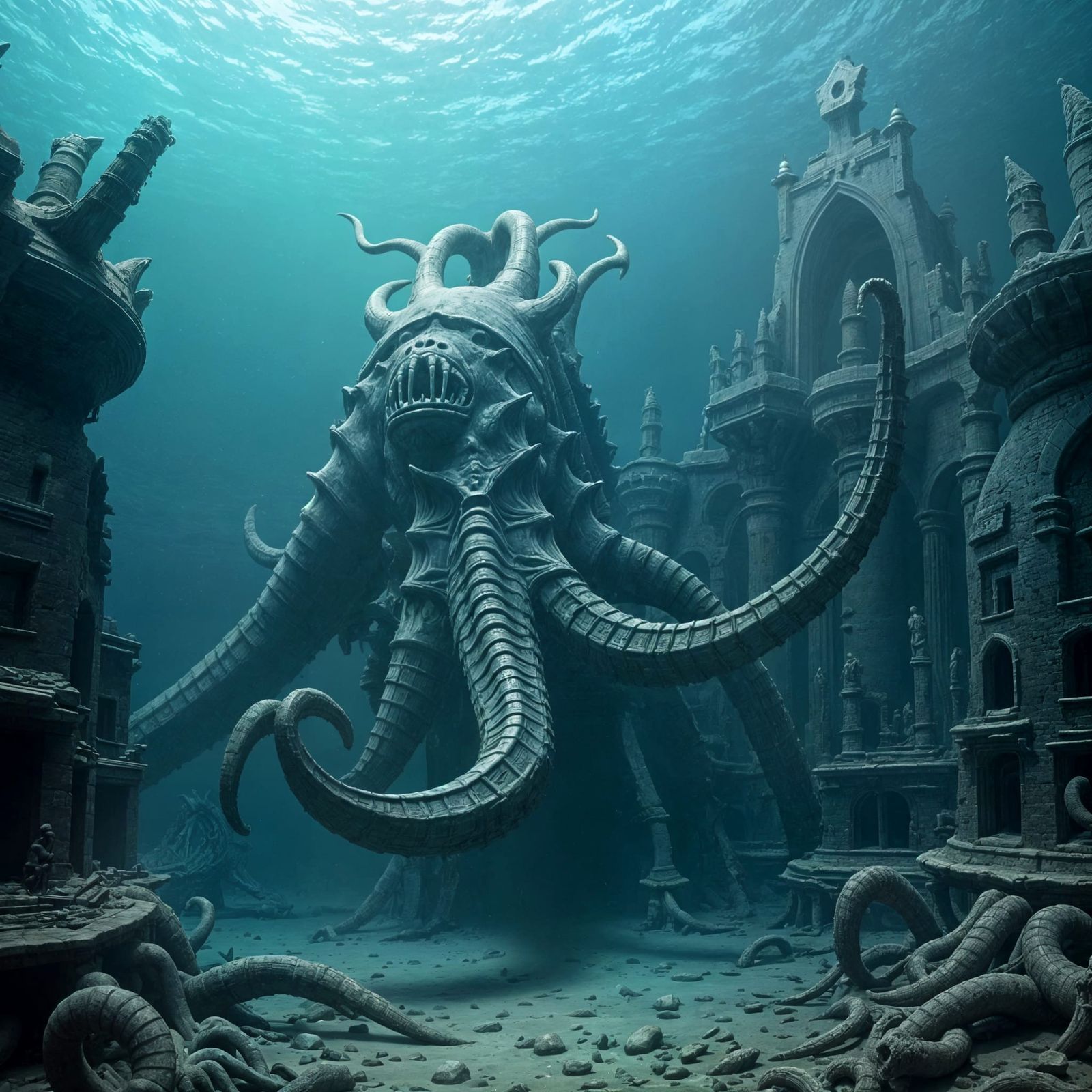 A giant kraken swimming underwater near the ruins of a lost civilization    by @Valmont